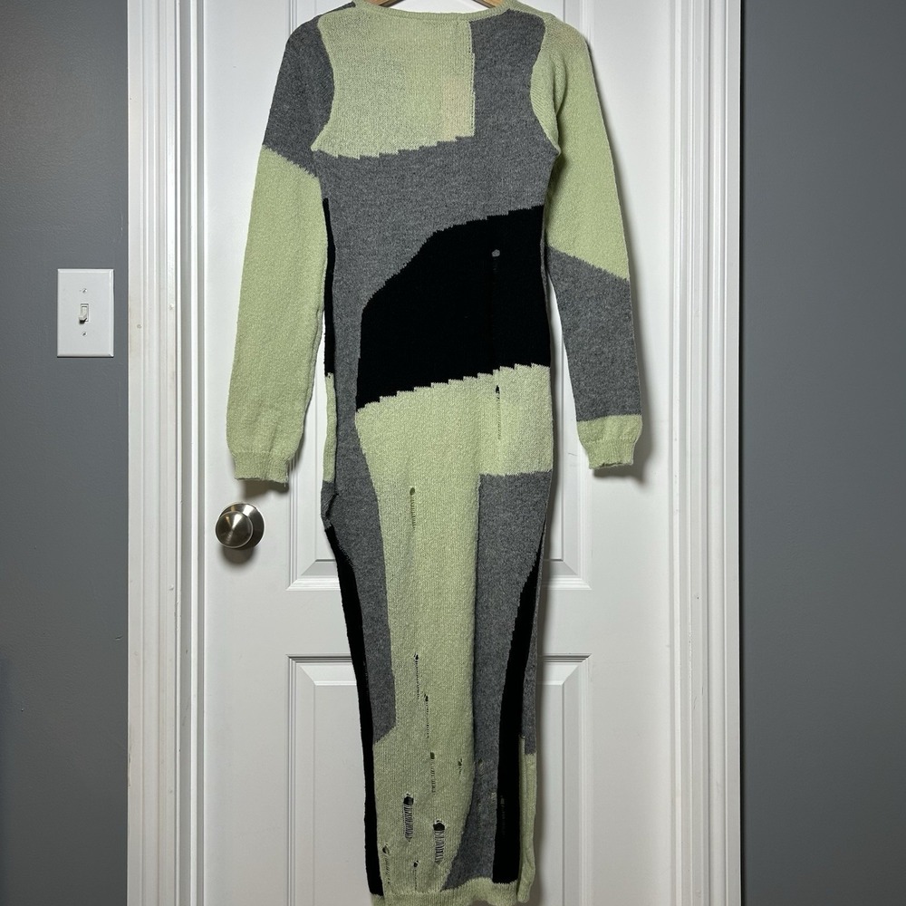 Micas Sage Grey Black Distressed Knit Asymmetric Side Slit Sweater Maxi Dress - Picture 2 of 2